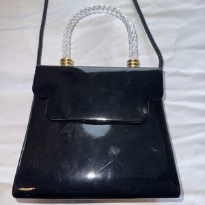 Vintage Black Patent Leather Purse Gold Tone Kiss Lock Formal Glamour Evening